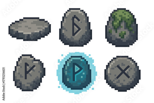 Six pixel art stones featuring unique symbols, with one stone highlighted by a blue glow and another covered in green moss.