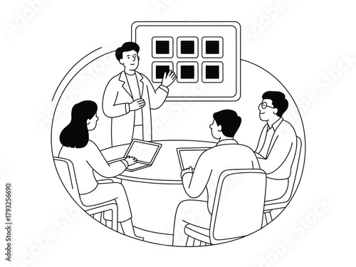 A group of people attend a meeting in a modern office with a presentation screen.