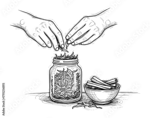 Hands Placing Dried Herbs in Jar in Hand-Drawn Line Art Style. Vector Illustration for Herbalism and Slow Living.