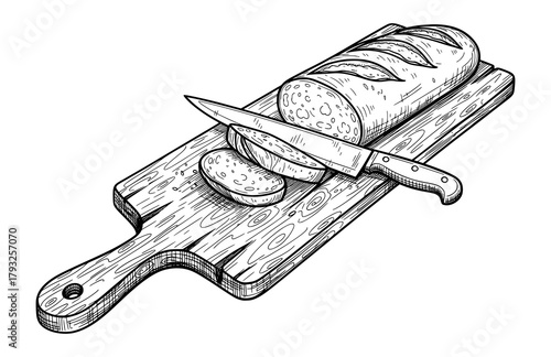 Hand-Drawn Sliced Loaf of Bread on Cutting Board in Vintage Sketch Style. Vector Illustration for Rustic Comfort Concept.