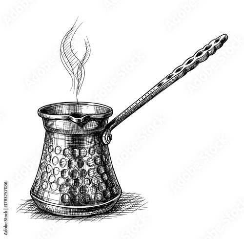 Vintage Sketch of a Turkish Coffee Pot in Hand-Drawn Style. Vector Illustration for Coffee Culture and Tradition.