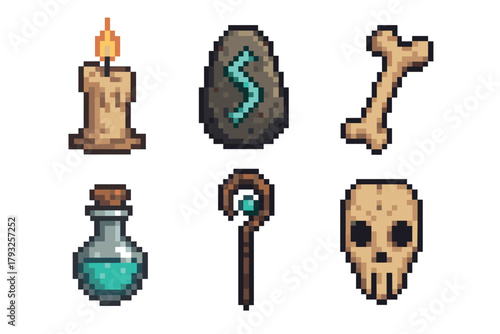 Pixel art icons featuring a lit candle, rune stone, bone, potion bottle, magic staff, and skull, each depicted in a retro gaming style.