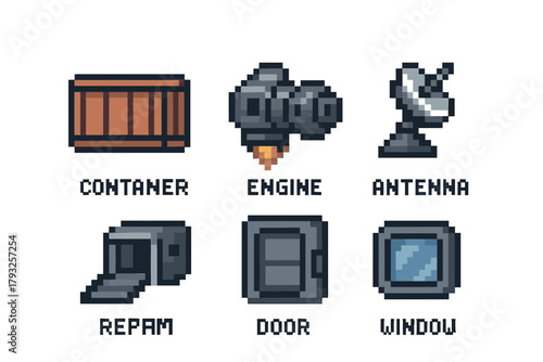 Six pixel art icons illustrating a container, engine, antenna, repair unit, door, and window, each labeled in block letters.