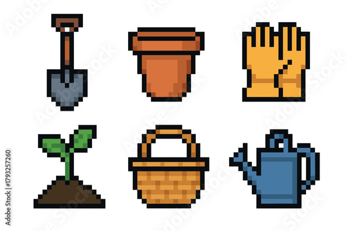 A collection of six pixel art gardening tools and items, including a shovel, plant pot, gloves, seedling, basket, and watering can.