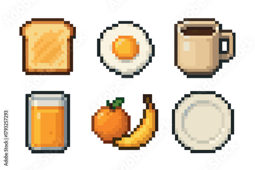 Set of pixel art breakfast items including toast, fried egg, coffee mug, orange juice, orange, banana, and a plate, arranged in a two-by-three grid.