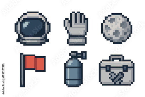 Pixel art illustrations of an astronaut helmet, glove, moon, red flag, oxygen tank, and toolbox depicting space exploration themes.