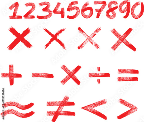 Hand painted red numbers zero through nine and mathematical symbols on a white background
