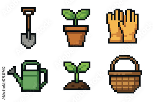 Six pixel art gardening icons depicting a shovel, potted plant, gardening gloves, watering can, planted seedling, and woven basket.