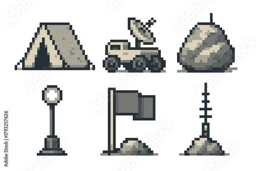 Six pixel art icons depicting a camping tent, a satellite-equipped rover, a large rock, a lamp post, a flag planted on a rock, and a communication tower.