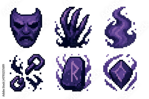 Pixel art of six mystical icons, including a demonic mask, claw, smoke, tentacle, monolith, and gemstone, in a purple color scheme for gaming interfaces.