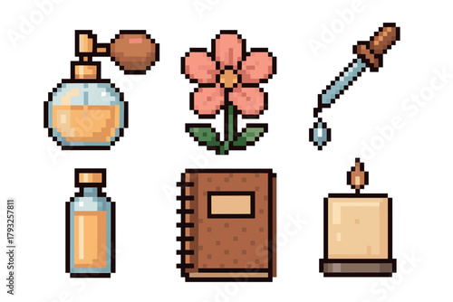 A collection of charming pixel art items including a perfume atomizer, pink flower, dropper, bottle, spiral notebook, and a lit candle.