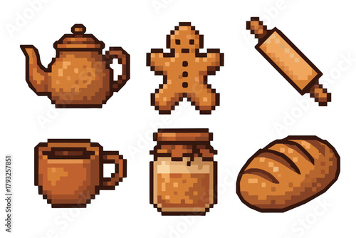 Pixel art icons depicting a teapot, gingerbread man, rolling pin, cup, jar, and loaf of bread, showcasing a retro design style.