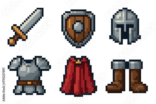 Pixel art style medieval armor set featuring a sword, shield, helmet, breastplate, red cape, and brown boots, designed for a video game environment.