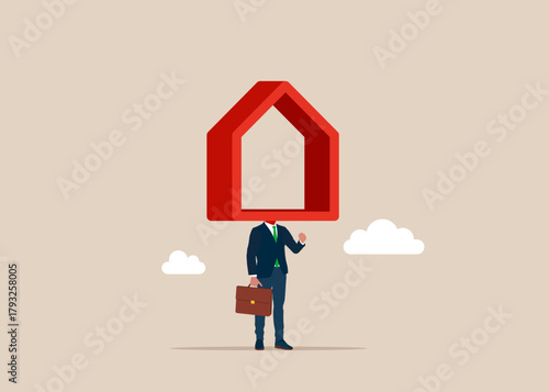 Businessman with a red house instead of a head on shoulders. Real estate, investment, construction, growth. Flat vector illustration