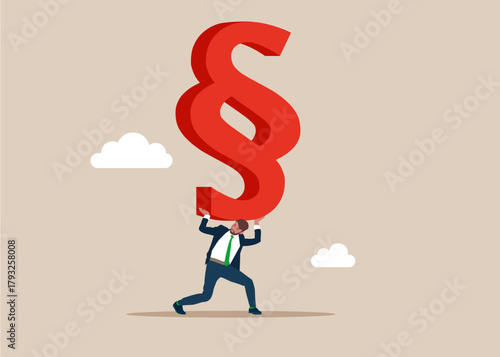 Businessman carrying huge symbol of paragraph. Workers' rights. Compliance with workplace standards. Flat vector illustration