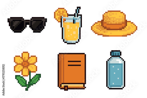 Set of six vibrant pixel art icons including sunglasses, a lemonade drink, a sun hat, a flower, a book, and a water bottle.