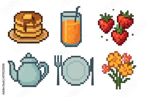 Pixel art depiction of breakfast items including pancakes, a glass of orange juice, strawberries, a teapot, a plate with utensils, and a flower arrangement.