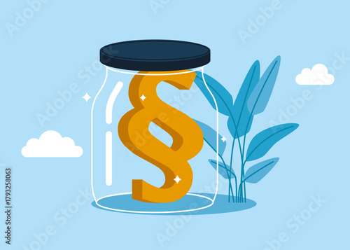Symbols of paragraph in a glass jar. Insulation. Lawyer and advocate services. Vector flat illustration