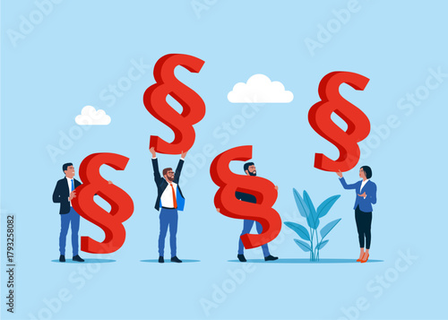 Legal problems concept. Advocate, jurist, businessman, worker with paragraph icons of justice. Lawyer and advocate services. Colleague interaction and communication in legislation. Vector illustration