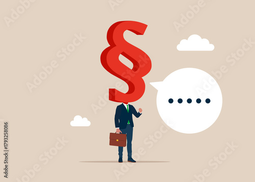 Businessman with a paragraph sign instead of a head on shoulders. Colleague interaction and communication in legislation. Lawyer and advocate services. Flat vector illustration