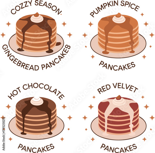 Four stacked pancakes with toppings and text labels breakfast food