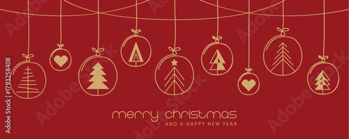 christmas card with fir tree golden balls hanging decoration vector illustration