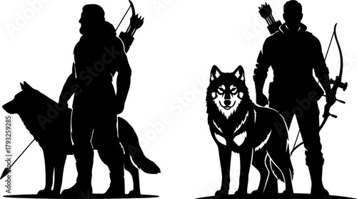 Strong hunter with loyal wolf companion in bold black silhouette style featuring archery and wilderness theme
