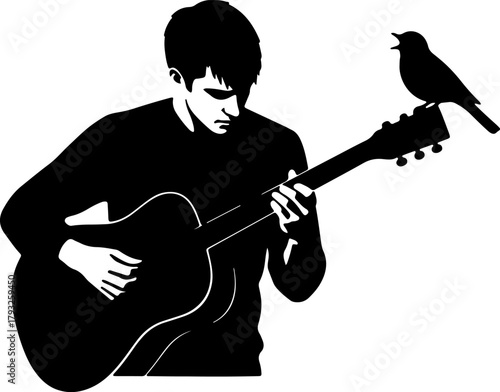 Man playing guitar while small bird sings on the instrument in  black silhouette