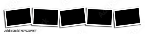 Photo frame, black blank square template for photo display, scrapbook design, memory board, vintage style, isolated on transparent background, 5 photo.