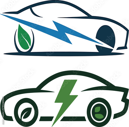 Eco Electric Car Line Icon – Green Vehicle with Leaf and Lightning Bolt Vector