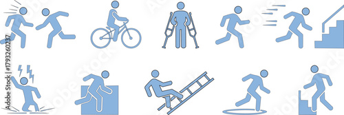 Man symbol with an accident pictogram.  Pictogram signs for bike accidents, injuries to the leg, and ladder falls.  Stick guy vector picture for danger, electric shock, and warning