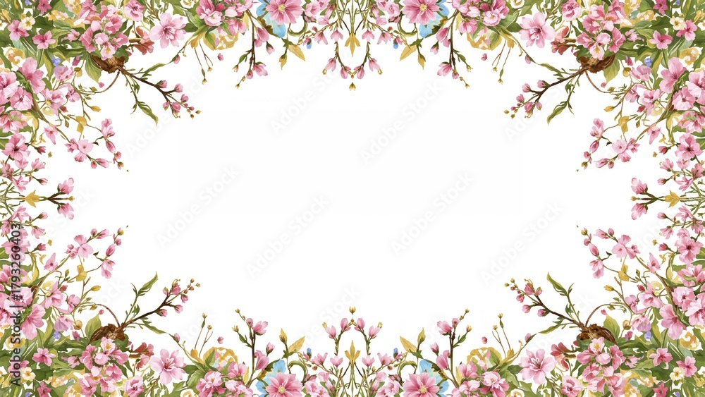 Fototapeta premium Floral border with pink cherry blossoms and green leaves framing an empty white space in the center.
