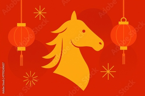 Chinese new year card with horse and lanterns.