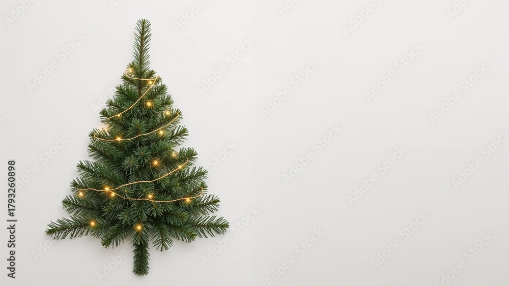 Fototapeta premium Decorated Christmas tree with lights against a plain wall background.