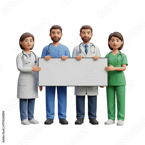 3d healthcare team holding blank sign medical professionals support message indoor, outdoor, no people, keywords30