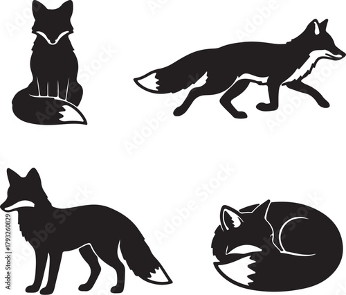 Four Black Silhouette Poses of a Fox on a White Background animal wildlife on transparent background