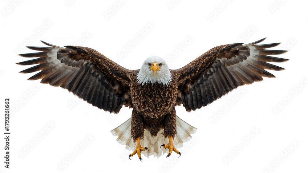Naklejka premium A majestic eagle in flight with wings fully spread against a white background.