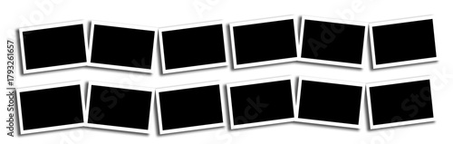 Photo frame, black blank square template for photo display, scrapbook design, memory board, vintage style, isolated on transparent background, 12 photo.