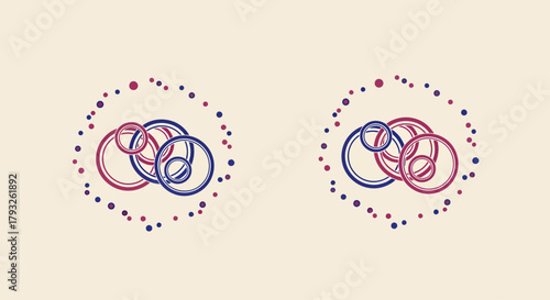 Abstract illustration featuring a pair of symmetrical designs with interwoven red and blue circles and scattered dots, creating a decorative and modern graphic pattern