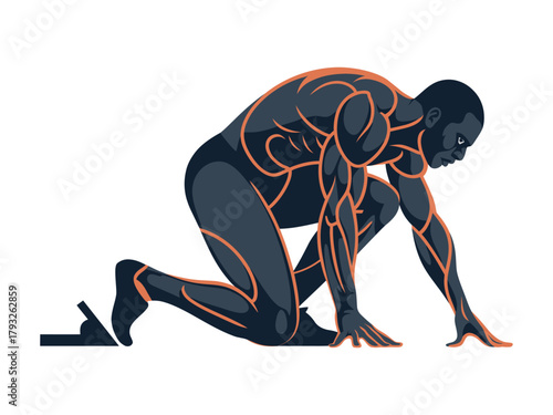 An athlete in the starting blocks prepares for a sprint race.