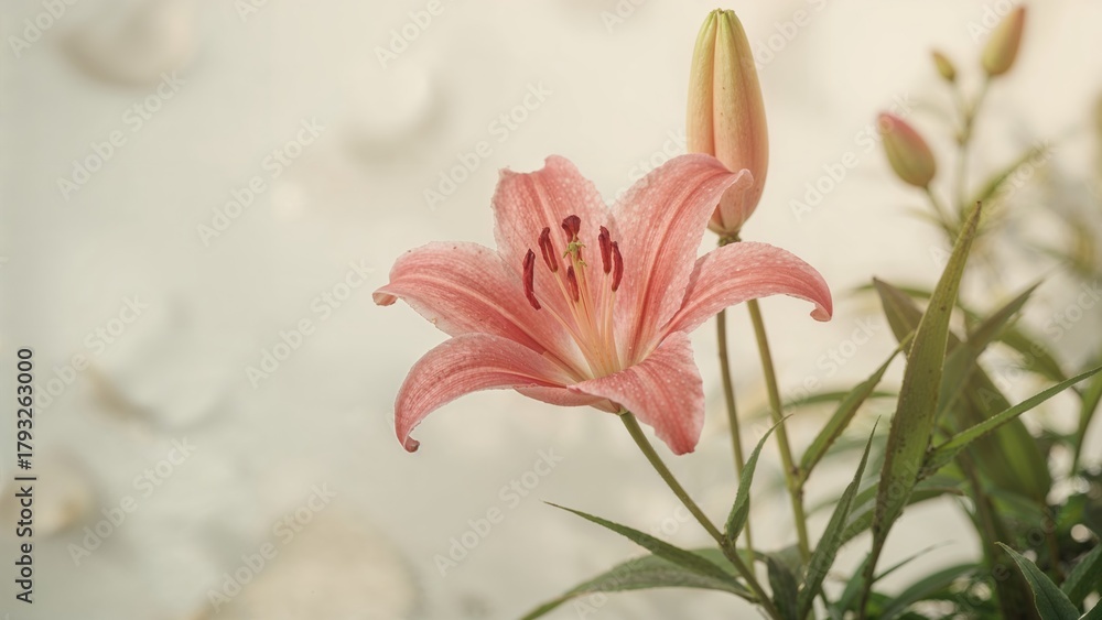Fototapeta premium Pink lily flower with buds and green leaves. Beautiful floral arrangement. Close-up of a blooming lily in a garden or vase.