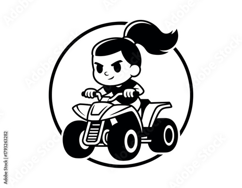Cartoon girl rides an ATV within a circular frame