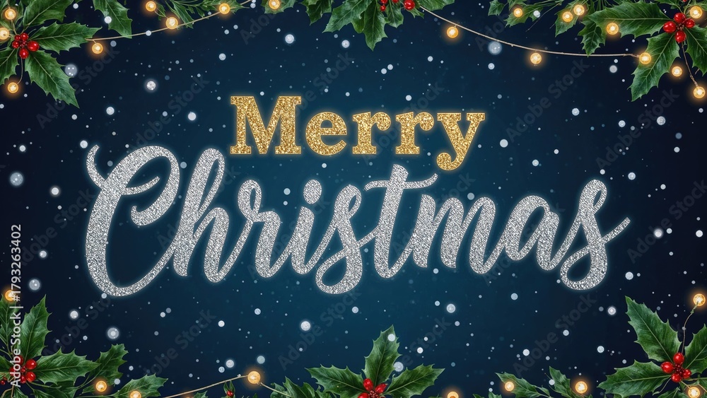 Fototapeta premium Merry Christmas with festive holly and garlands, holiday greeting, and sparkle effects. Seasonal message and celebration.