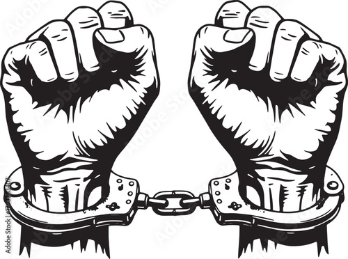 Fists in handcuffs, symbolizing arrest and restriction
