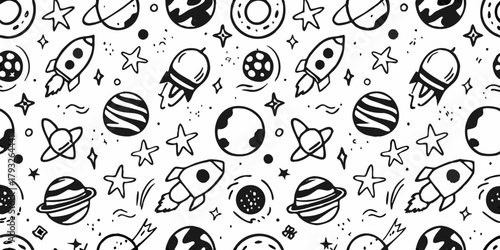 Whimsical hand drawn doodle seamless pattern of rockets planets stars and celestial elements in black and white