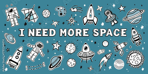 Whimsical space adventure with astronauts rockets planets and stars illustration
