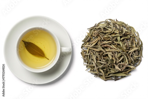White tea silver needle tea cup and loose leaf tea healthy drink beverage shot