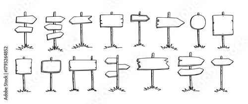 Hand drawn road sign. Doodle wooden signpost, sketch street direction pointer. Blank signboard with arrow vector isolates set