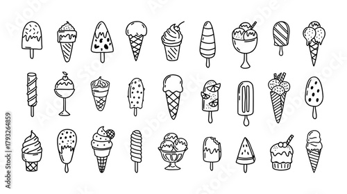 Sketch ice cream. Doodle frozen gelato dessert, eskimo and ice-cream in waffle cone, sundae scoops. Hand drawn vintage menu elements. Vector isolated set