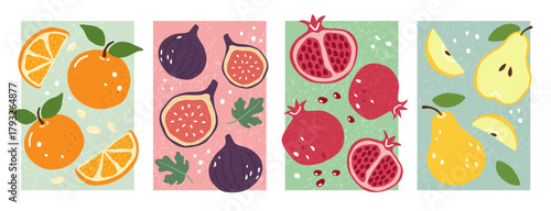 Fruit poster. Fresh organic orange, fig and pomegranate, pear summer fruits, healthy vegetarian food, detox nutrition banners. Vector set